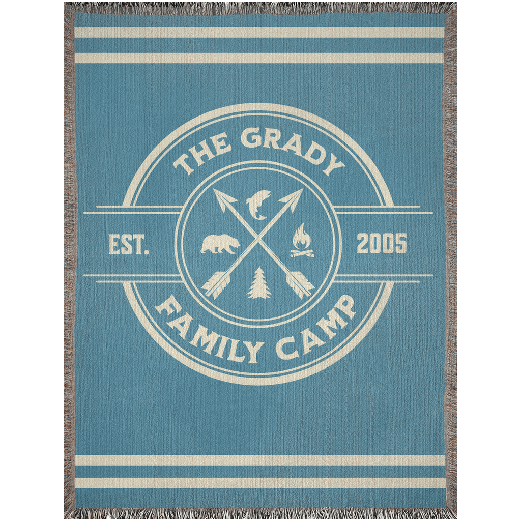 Personalized Family Camp Woven Blanket- Aqua