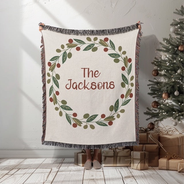 Personalized Christmas Wreath Woven Blanket