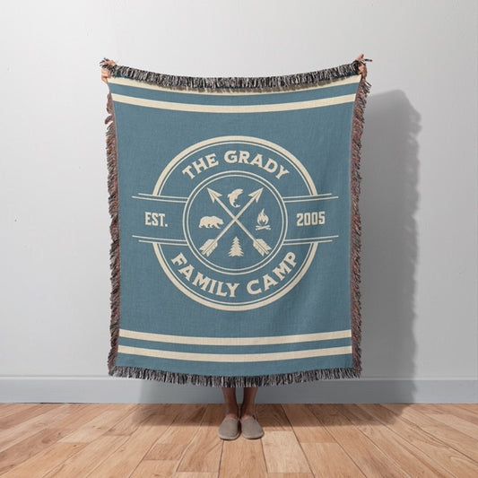 Personalized Family Camp Woven Blanket- Aqua